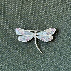 Vintage Window Pane Enamel Wings DRAGONFLY Silver Tone Brooch or Pin